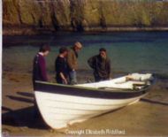 Launch of Ian Best's first yoal 'Alpha' at North Haven, summer 1988.